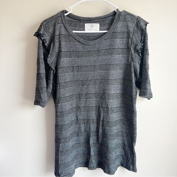 Anthropologie Sol Angeles Gray Striped Metallic Ruffle Short Sleeve Blouse - Picture 2 of 6